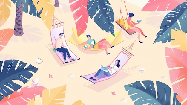 Photo four people relaxing in hammocks under palm trees reading and working