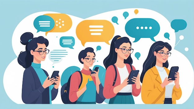 Four people with glasses are looking at their smartphones and have speech bubbles above their heads