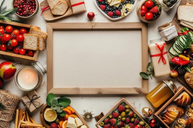 Photo frame near food and gifts for dad