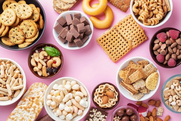 Photo frame of various healthy snacks on pink background