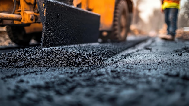 Photo fresh asphalt is being poured on new road showcasing construction work