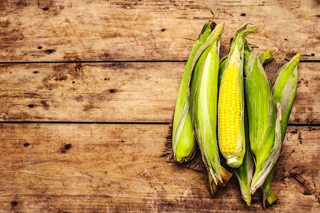 Fresh corn cobs in peel. New harvest, on sackcloth, wooden boards background, top view