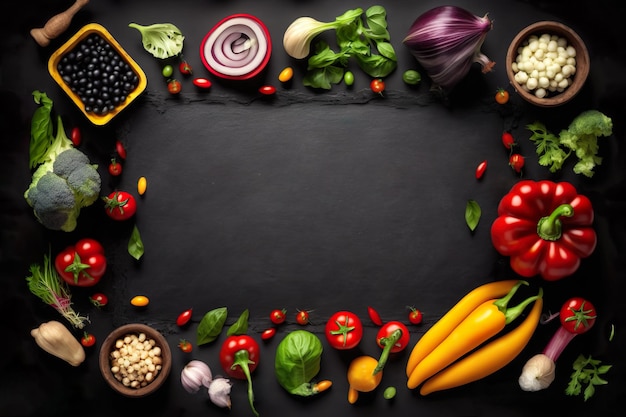 Fresh delicious ingredients of organic food for healthy cooking Fresh farmer vegetables on a black chalkboard background Generate Ai