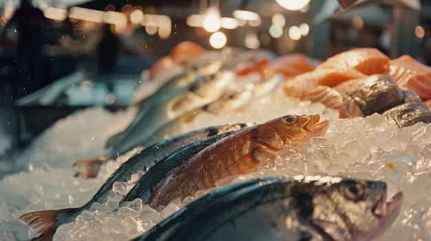 Foto pesce fresco esposto su ghiaccio in un mercato ben illuminato che enfatizza la loro qualità e freschezza