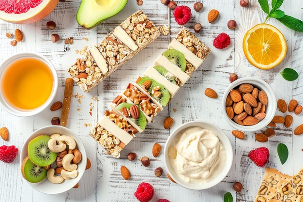 Photo fresh fruit nuts and granola bars