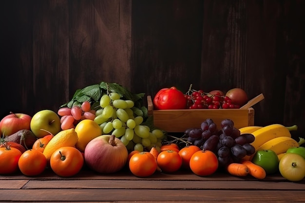 Fresh fruits and vegetables on a wooden background Healthy food concept Fresh fruits and vegetables are on the table AI Generated