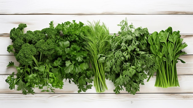 Fresh Green Herbs on White Wooden Background