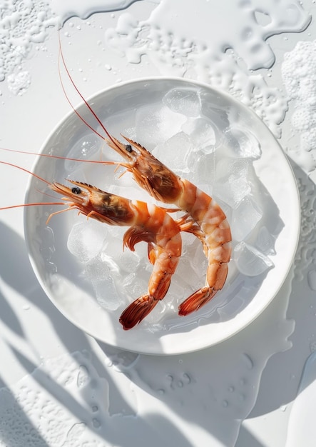 Photo fresh shrimp on a bed of ice in a shallow white bowl with a clean background