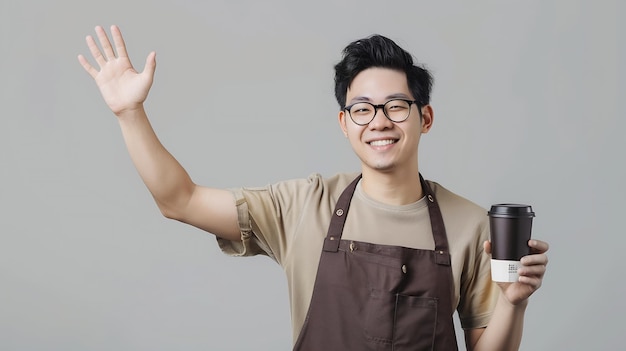 Photo friendly asian waiter in cafe waving hand at customer holding takeaway coffee oder s generative ai