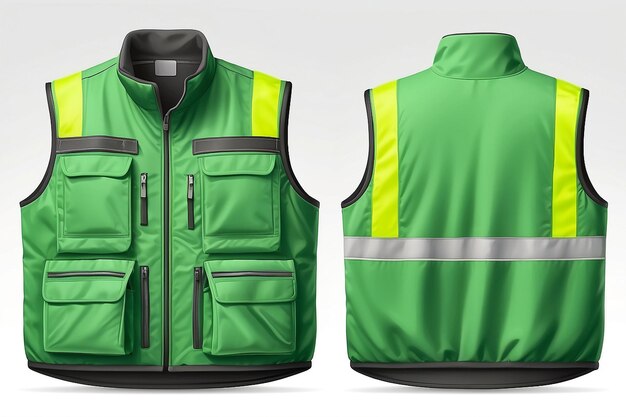 Photo front and back view of green vest mockup with reflective stripes and pockets isolated