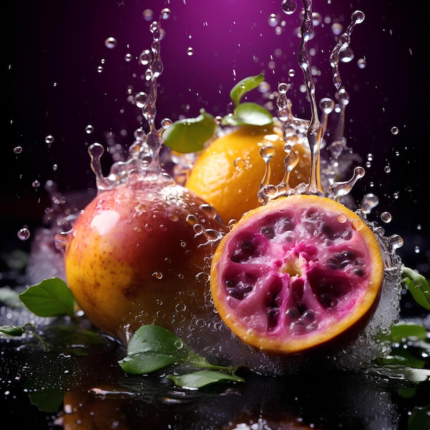 A fruit splashing into a glass of water