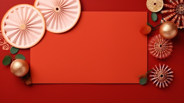 Photo fruits lucky money paper fan and lucky envelopes on a red background