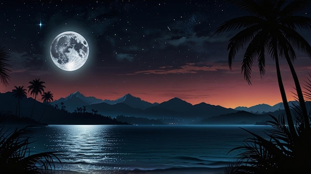 Photo a full moon over the ocean with a palm tree in the foreground
