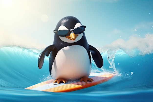 Funny penguin surfing on a waveSunny day Summer concept AI generative