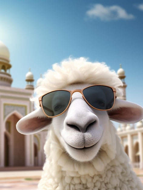 Funny sheep portrait wearing clothes and sunglasses standing in front of mosque