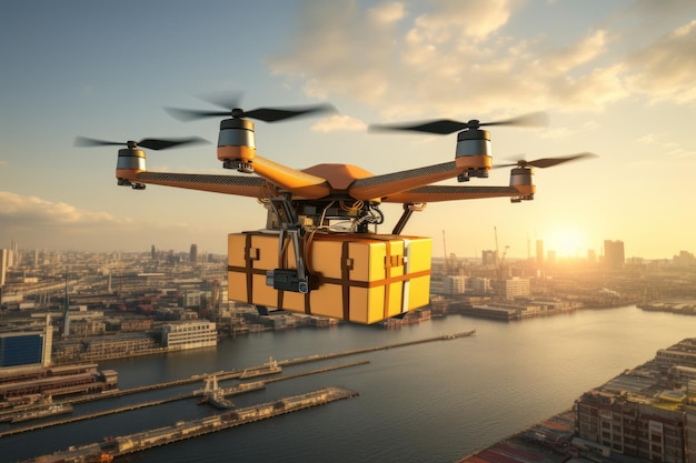 Future technology of autonomous logistics concept Delivery drone flying background Generative AI