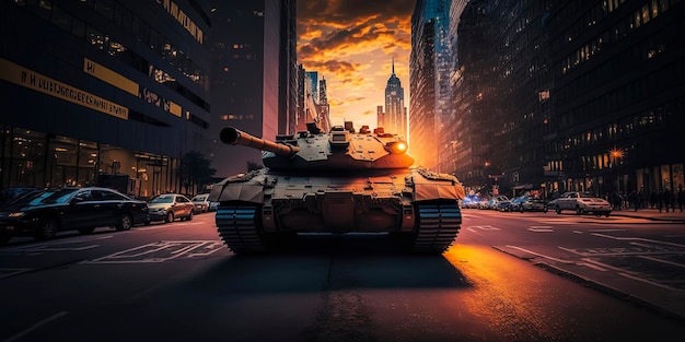 A Future war tank makes a wild chase New york City 42nd street sunset