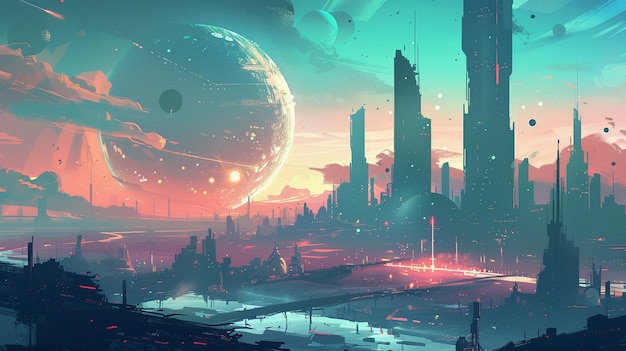 Photo futuristic alien cityscape with giant planet background
