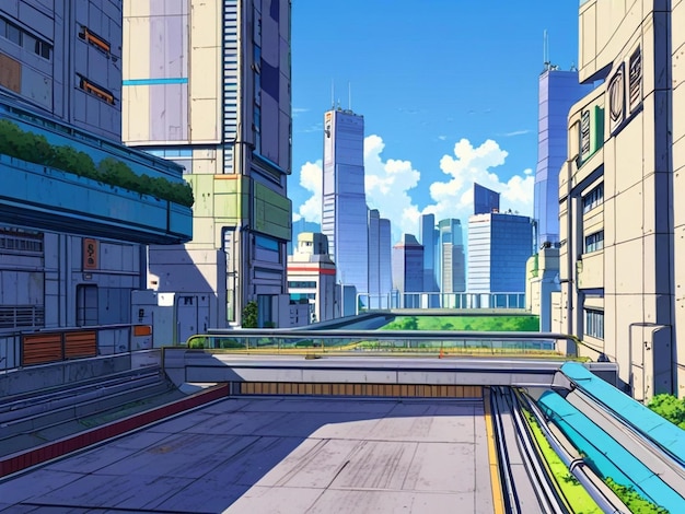 Photo futuristic anime city for an 80s