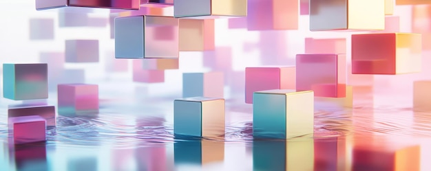 Photo a futuristic array of floating multicolored cubes with reflective surfaces hovering just above a