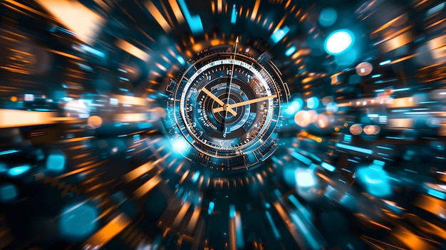 Photo futuristic clock with glowing hands in a digital time vortex