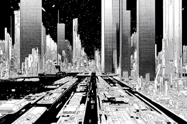 Futuristic cyberpunk landscape in comic manga style linart art