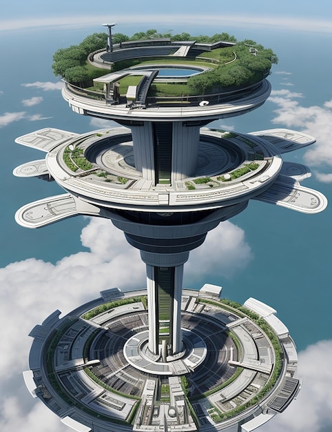 Futuristic cylindrical platform floating in the air