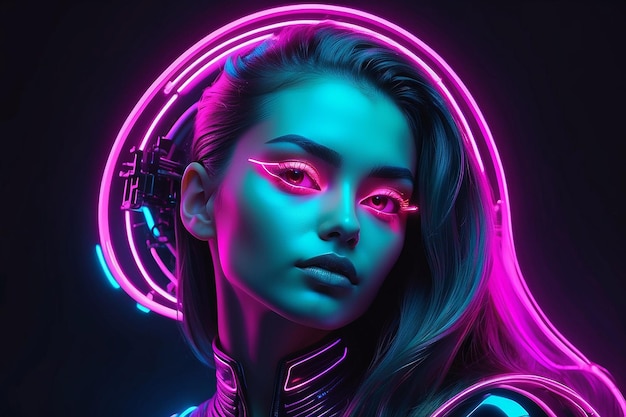 Futuristic head of a beautiful woman in neon style