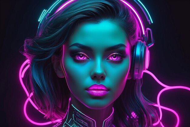 Futuristic head of a beautiful woman in neon style