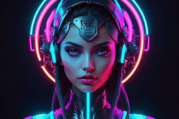 Futuristic head of a beautiful woman in neon style