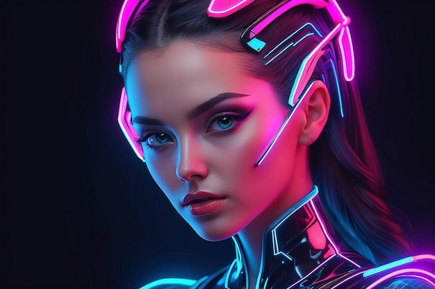 Futuristic head of a beautiful woman in neon style