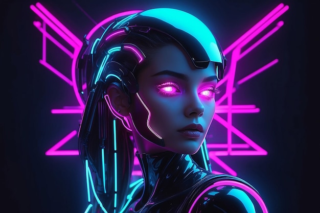 Futuristic head of a beautiful woman in neon style