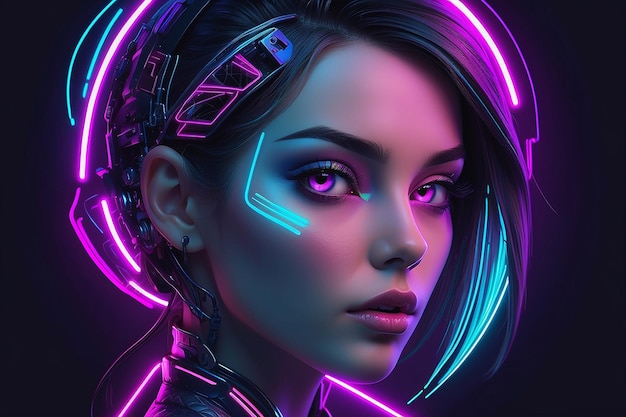 Futuristic head of a beautiful woman in neon style