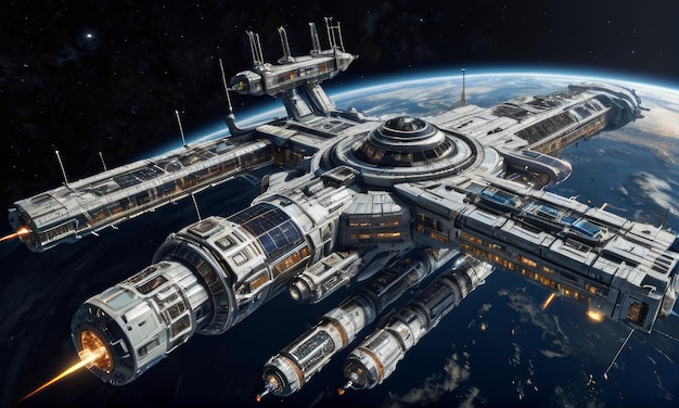 Photo futuristic space station orbiting earth