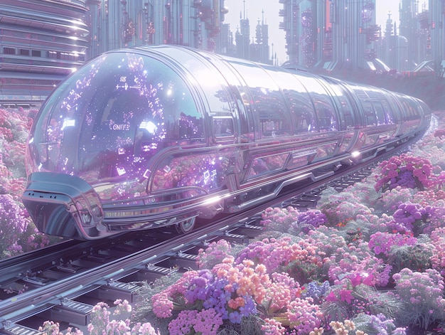 Photo futuristic train with a transparent dome traveling through a vibrant forest with purple trees