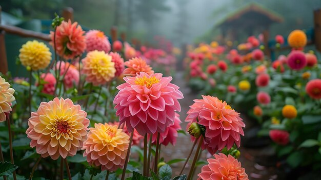 Photo garden filled dahlias dahlia various shade of pink yellow red surrounded decorative fence pathway