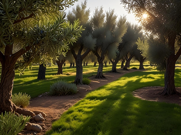 Foto un giardino di ulivi alla luce del sole serale