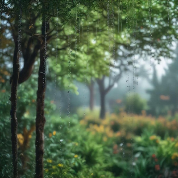 Photo a garden with a spider web hanging from the trees