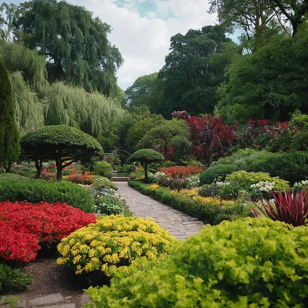 Photo garden with a stone path and a walkway with a red and green plant