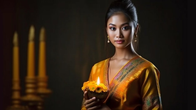 Generative AI depicts a Thai woman holding a kratong while donning modern Thai attire