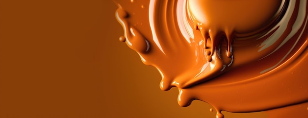 Generative AI Flowing liquid with splashes in apricot color Glossy cream caramel fluid banner