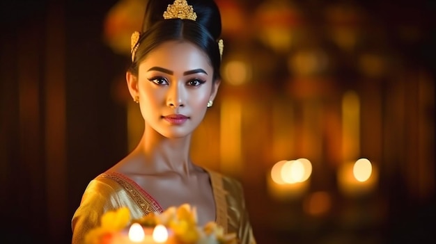 Generative AI lovely Thai model wearing traditional clothing for the Loy Kratong festival