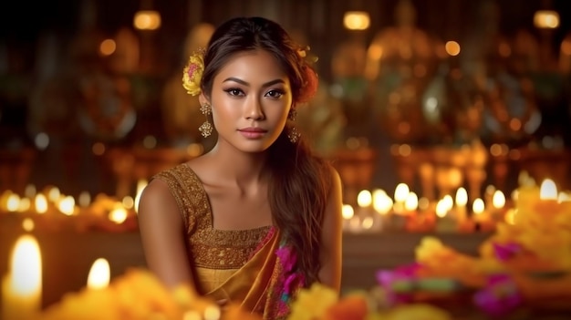 Generative AI lovely Thai model wearing traditional clothing for the Loy Kratong festival