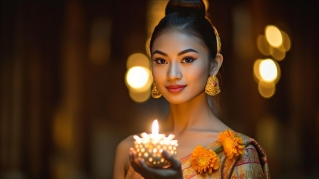 Generative AI lovely Thai model wearing traditional clothing for the Loy Kratong festival