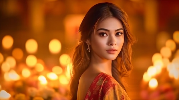 Generative AI lovely Thai model wearing traditional clothing for the Loy Kratong festival