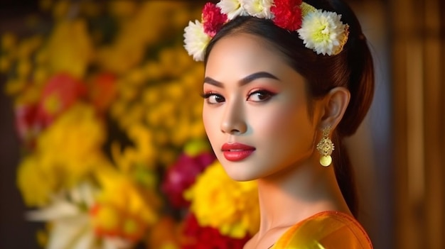 Generative AI lovely Thai model wearing traditional clothing for the Loy Kratong festival