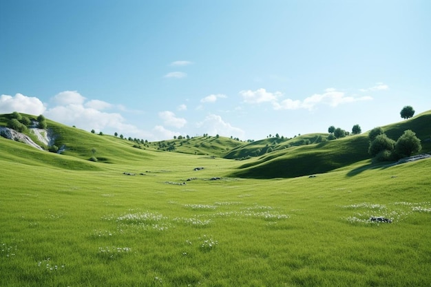 Photo a gentle slope of green grass leading to a distant f