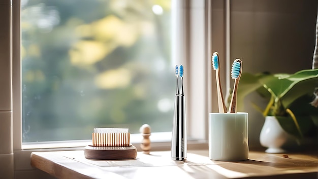 写真 gentlewhisk toothbrush in tranquil bathroom setting (ジェントルウィスク歯ブラシを静かな浴室で使う)