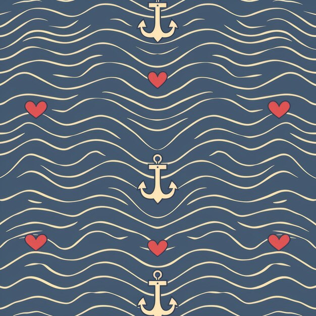 Photo geometric pattern with anchors hearts polka dots and wavy lines minimal nautical background for textures papers cards textiles scrapbooks