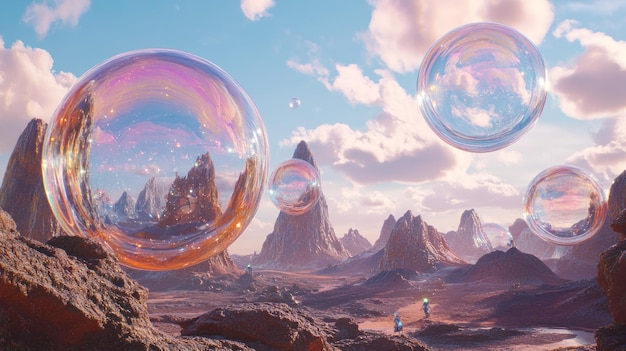 Photo giant iridescent bubbles hovering over a surreal mountainous landscape